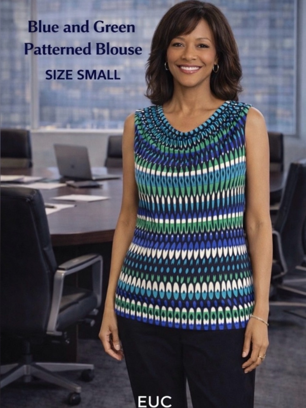 Calvin Klein Blue and Green Patterned Sleeveless Blouse EUC